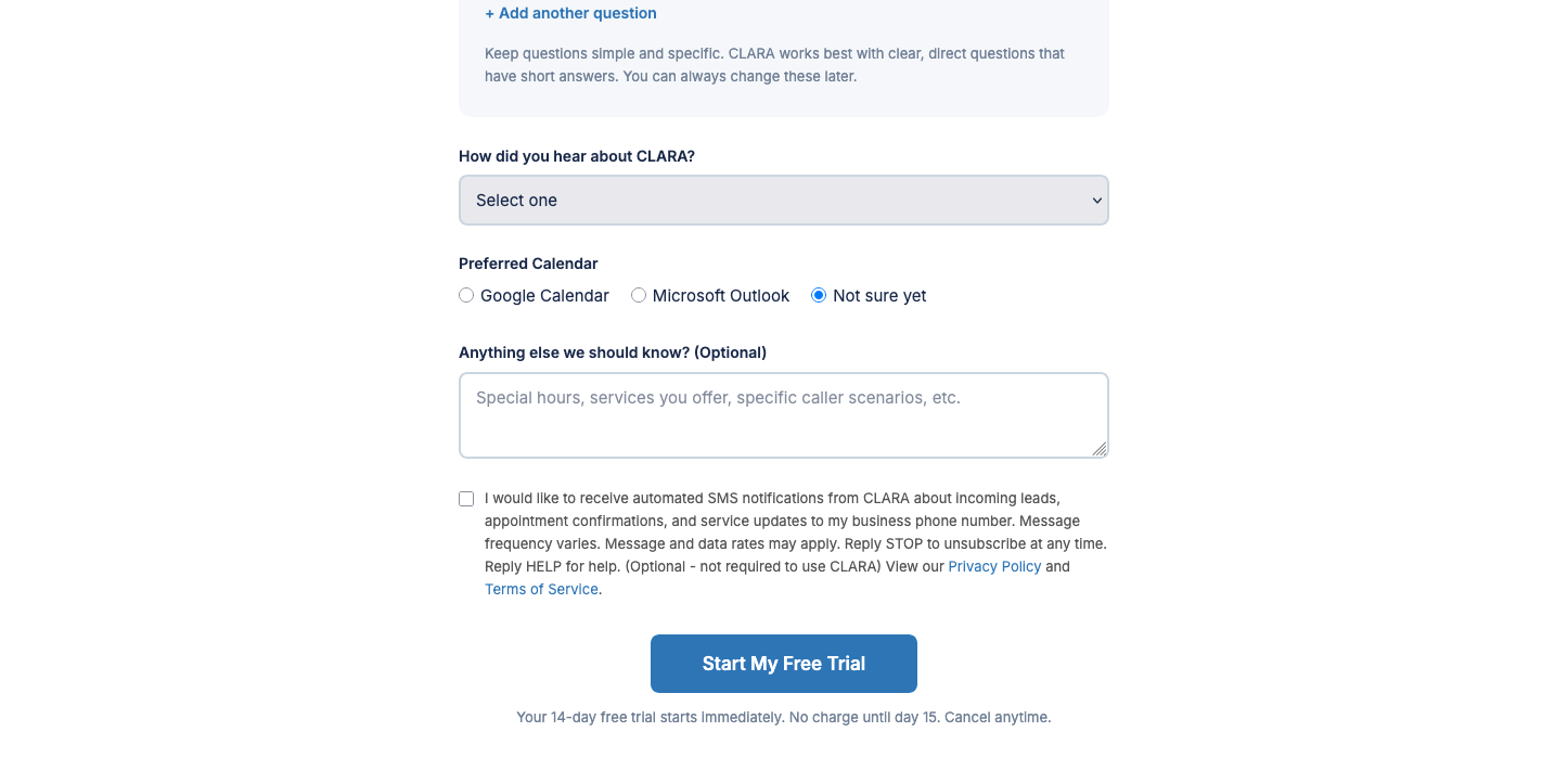 CLARA SMS consent checkbox shown during signup, reading: I would like to receive automated SMS notifications from CLARA about incoming leads, appointment confirmations, and service updates to my business phone number. Message frequency varies. Message and data rates may apply. Reply STOP to unsubscribe at any time. Reply HELP for help. Optional, not required to use CLARA.